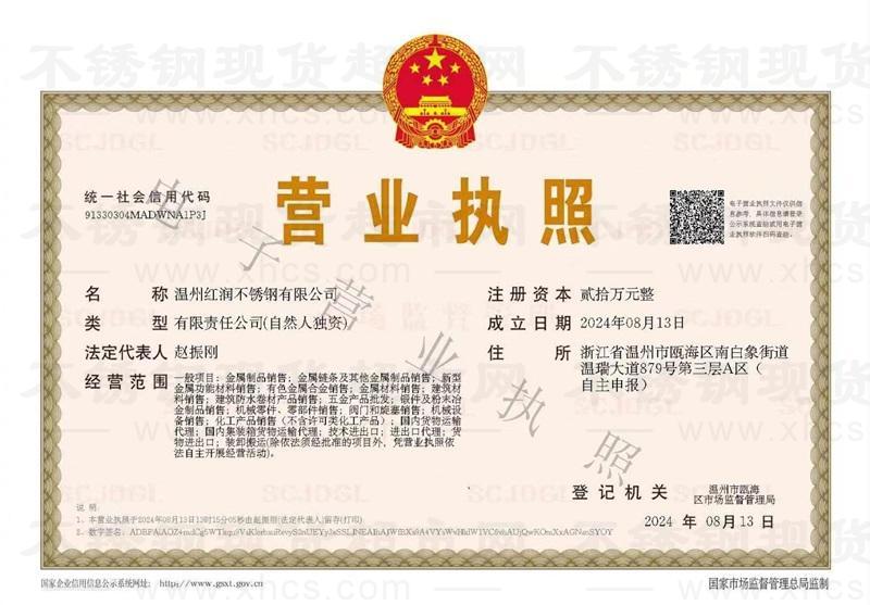 溫州紅潤不銹鋼有限公司營業執照