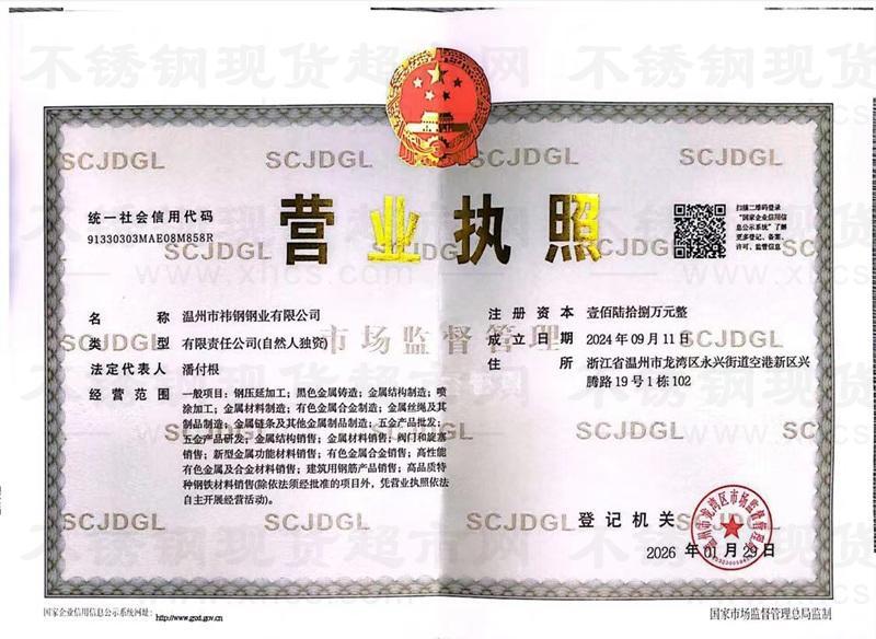 溫州市祎鋼鋼業有限公司營業執照